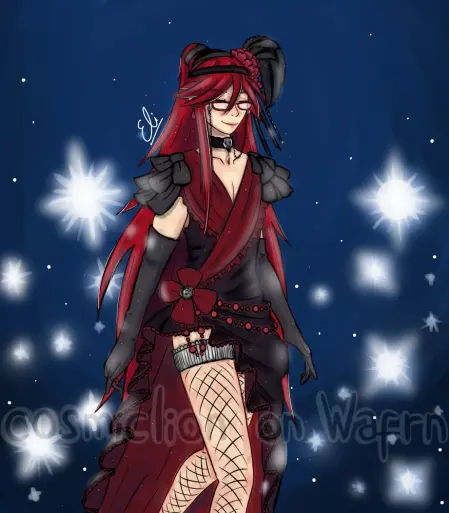 Digital fully rendered illustration of Grell Sutcliff from Black Butler, drawn from the knees up. She is wearing a red and black dress with a long piece that drags behind, black sleeves, fishnet stockings, a black neckpiece and red flowers with black feathers on the left side on her hair. She is walking the catwalk with a peaceful smile. The background is dark bue with camera flashes.
