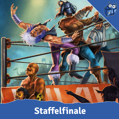 Ein dynamisches Wrestling-Match im Comic-Stil: Ein Wrestler wird mit einem Stuhl attackiert, wodurch er in die Ringseile geschleudert wird. Sein blau-weißes Haar und lila Outfit zeichnen sich dramatisch gegen den Hintergrund ab. Die Szene wird von weiteren Wrestlern und einem Ringrichter beobachtet. Das Artwork ist in lebendigen Farben gehalten und wird von einem blauen Rahmen mit dem System Matters-Logo und der Überschrift "Staffelfinale" umrahmt.