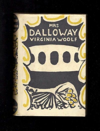 The cover of the first edition of Mrs Dalloway. It has a yellow and black illustration of some flowers on a window sill, and is by Woolf's sister, Vanessa Bell