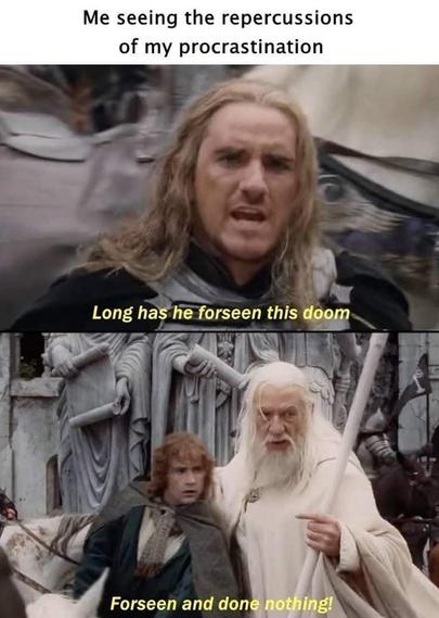 A two-panel scene from The Lord of the Rings is used to humorously portray the experience of procrastination.

At the top of the image, centered text reads:
“Me seeing the repercussions of my procrastination”

In the first panel, a character with long blond hair and armor looks alarmed and shouts:
“Long has he forseen this doom”
This panel captures the dread and realization that something bad was inevitable.

In the second panel, Gandalf the White stands with Pippin in front of a stone wall of statues. Gandalf, looking frustrated and pointing, responds:
“Forseen and done nothing!”
The exchange delivers a comedic punch, mocking the all-too-relatable moment when you’ve known about a problem for ages… and still did absolutely nothing about it.