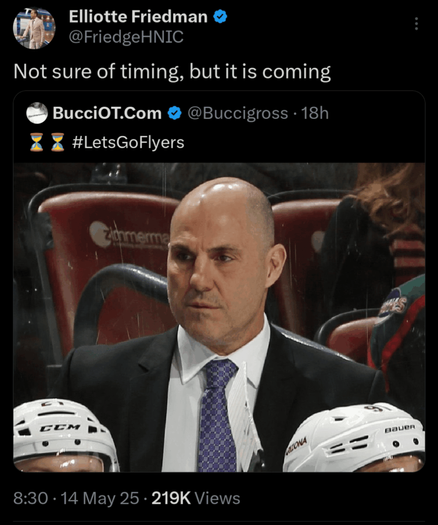 Friedman and others report that Rick Tocchet will sign to coach the Flyers. The Kraken reportedly offered Tocchet a contract so they will need to start looking again.