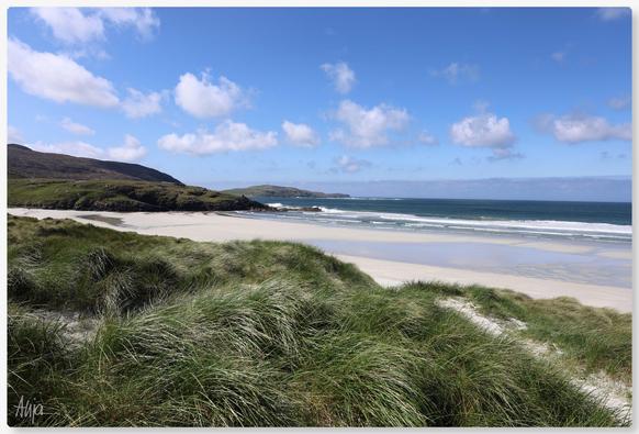 Ein Strand in Schottland: Im Vordergrund satt grünes Dünengras, dann weißer Sandstrand. Türkisfarbener Atlantik, langgezogene Wellen rollen auf den Strand zu. Darüber strahlend blauer Himmel mit ein paar weißen Wolken. Im Hintergrund Hügel.

A beach in Scotland: lush green dune grass in the foreground, then a white sandy beach. Turquoise-coloured Atlantic Ocean, long waves rolling onto the beach. Above, a bright blue sky with a few white clouds. Hills in the background.