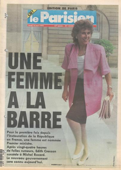 A newspaper front page showing Edith Cresson walking up some steps on the day she was appointed. She is a white woman with blonde hair.