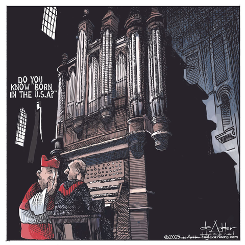 cartoon of the pope talking to an organist in a church seated at a huge pipe organ
the pope says " Do you know "Born in the USA?"