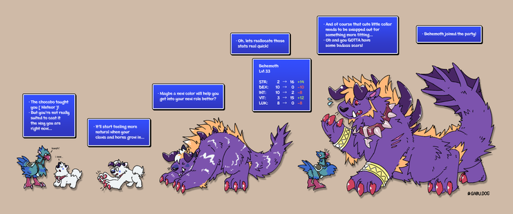 A TF sequence featuring Gabu and guest featuring Chocobo (Sofsh). Chocobo teaches Gabu how to cast Meteor, but its body is not really suited to cast it, being a little samoyed doggy.

Luckily a helpful narrator dialogue box helps to re-assign Gabu's stats and transform it into a big bulky Behemoth, with purple fur and yellow hair and red claws, completely unrecognizable from its original form, its name changed to just "Behemoth".