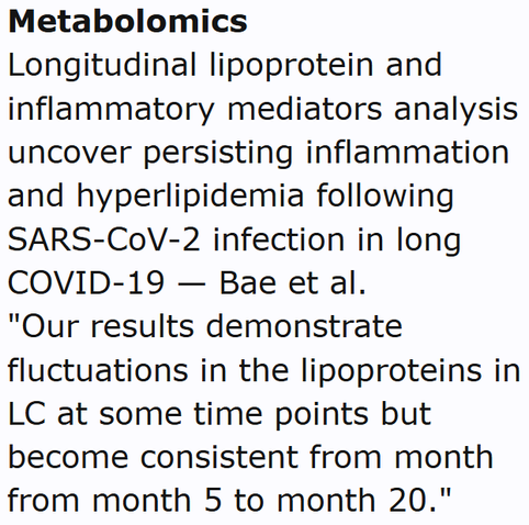Metabolomics
Longitudinal lipoprotein and inflammatory mediators analysis uncover persisting inflammation and hyperlipidemia following SARS-CoV-2 infection in long COVID-19 — Bae et al.
"Our results demonstrate fluctuations in the lipoproteins in LC at some time points but become consistent from month from month 5 to month 20."