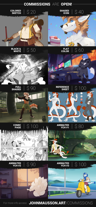 An image with different types of art, and their prices.
Colored sketch: 20 USD.
Shaded icon: 40 USD.
Black and White: 50 USD.
Flat Color: 60 USD.
Full Shaded: 90 USD.
Reference Sheet: 100 USD.
Comic Page: 100 USD.
Animated YCH #1: 80 USD.
Animated YCH #2: 90 USD.
Animated YCH #3: 100 USD.