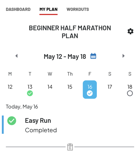 Beginner half marathon plan
Weekly schedule 
Easy run completed on May 16th