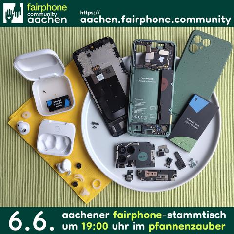 [English below] Ein Smartphone zerlegt in dunkelgrüne und schwarze Teile auf einem weißen Teller. Links davon, auf einer gelben Serviette: Ein zerlegtes weißes Kästchen und weiße (In-Ear-)Ohrhörer, zerlegt in je zwei Silikonaufsätze, Silikonringe und Knopfzellen (Akkus) und eine einzelne schwarze Schraube. Alles zusammen liegt auf einem lindgrünen Tischset. Über dem Set ein Logo aus zwei dunkelgrünen, sich gegenseitig entgegenstreckenden Händen in einem weißen Quadrat, daneben Text: "fairphone community aachen – https://aachen.fairphone.community". Text unter dem Set: "6.6. | aachener fairphone-stammtisch | um 19:00 Uhr im pfannenzauber" *** ENGLISH: A smartphone disassembled into dark green and black parts on a white plate. On the left, on a yellow tissue: A disassembled white case and white earbuds, disassembled into two silicon buds, two silicon rings and two small cell batteries and a sole black screw. Everything together rests on a light green table set. Above the set a logo of two dark green hands reaching towards each other in a white square, next to it text: "fairphone community aachen – https://aachen.fairphone.community". Text below the set: "6.6. | aachener fairphone-stammtisch | um 19:00 Uhr im pfannenzauber"