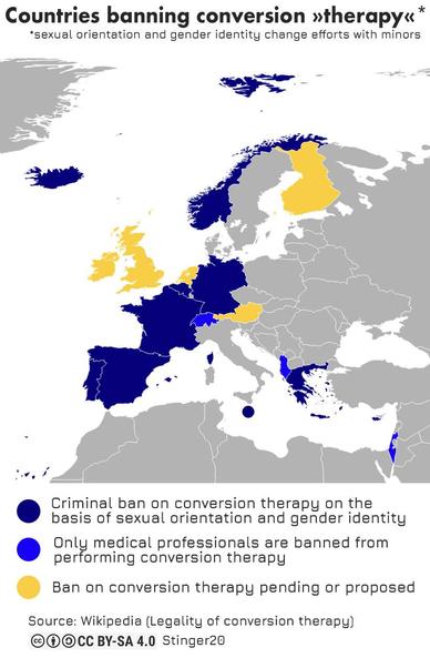 Map showing countries banning conversion therapy in Europe. Norway, Iceland, Germany, Belgium, France, Spain, Portugal, Greece, Malta and Cyprus already ban conversion therapy. Switzerland, Albania and Israel only ban medical professionals from performing conversion efforts. Finland, the UK, Ireland, the Netherlands and Austria have a proposed ban or ban pending.

Source: linked Wikipedia article, Map created by Stinger20, licensed as Creative Commons Attribution-ShareAlike 4.0