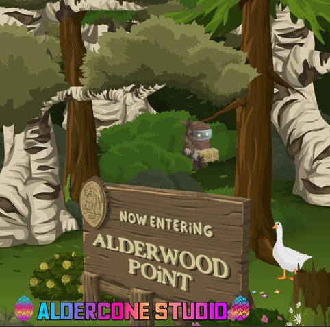 A foresty scene using the glitch game graphics plus some other things! there's a big sign that says "now entering alderwood point", and there's lots of trees and bushes of various kinds. There's also a big white goose standing to the right of the sign and somewhat hidden amongst the bushes and trees is a sort of post-apocalyptic postal carrier