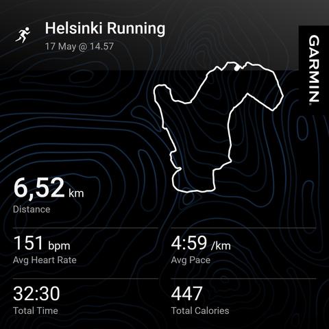 Garmin Connectin juoksutilastot: matka 6,52 km, keskisyke 151 bpm, keskitahti 4:59 min/km, kesto 32:30, poltetut kalorit 447 kcal.