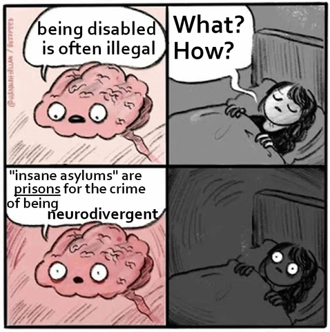 A 4 panel meme featuring a person with long hair asleep in bed and alternating panels with a brain talking to her. In the first the brain says "being disabled is often illegal". In the next she says “what? How?" in response. In the third, the brain says "’insane asylums’ are prisons for the crime of being neurodivergent". In the fourth she is shown with her eyes wide open, awake in bed.