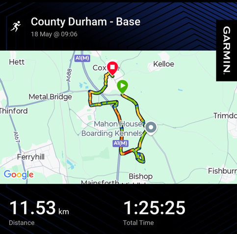 A running session record from Garmin showing a map of a run south of Coxhoe.