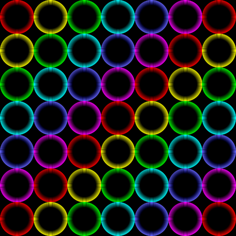 Primary colored circular rings against a black background, textured like suckers, arranged in a 7x7 grid with diagonals for the colors red, yellow, green, cyan, blue, and magenta
