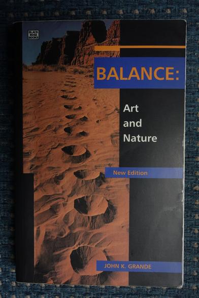 Book cover showing color photo of Andy Goldsworthy, Arizona, from top to bottom craters plowed into sand one after each other

Cocer text, more on the right side says

BALANCE:

Art  
and
Nature

New Edition

John K. Grande

on the top left

Back
Rose
Books