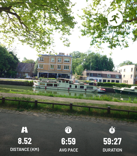 An alley in the park next to the river channel.
Two leisure boats are stationing in front.
Houses and buildings in the other side of the river.
Vegetation all around.

Running data

Distance 8.52 km
Avg pace 6:59
Duration 59:27