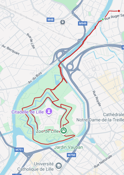 Running map around Lille Citadel, the zoo and Jardin Vauban