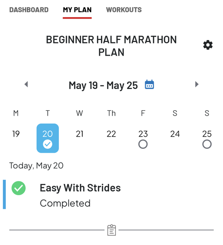 Beginner half marathon plan
Weekly schedule 
Easy with strides completed on May 20th