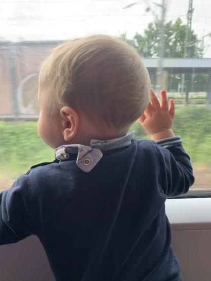 Little baby boy in a blue sweater, seen from the back, looking out of a train window