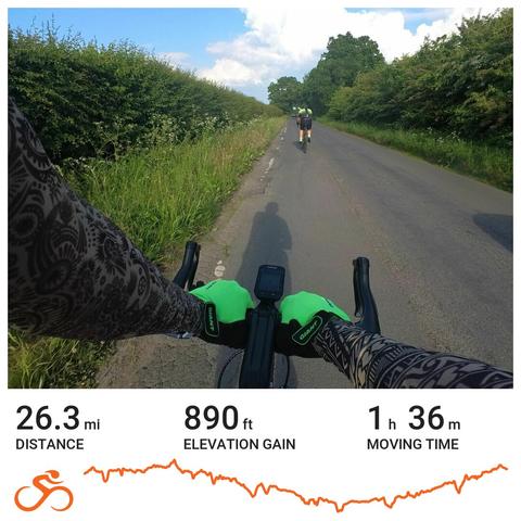 Cyclists on a country road with very green hedges on either side and white clouds in the blue sky