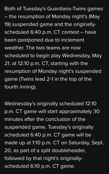 Today’s game are postponed, DHs scheduled for tomorrow and September 20th per MLB