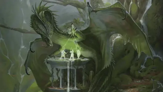 Official art from the D&D visual good "The Book of Dragons," featuring a green dragon confronting a group of adventurers in a forest.