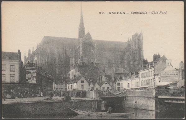 Printed monochrome postcard showing a view of the north side of the cathedral at Amiens in Somme, France.

Published by P.M., Paris, No 32, c.1910.

Postally unused.

Good condition, with very slight corner bumps.