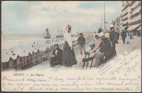 Printed hand-tinted postcard showing a view of La Digue at Heyst-sur-Mer or Heist-aan-Zee in West Flanders, Belgium.

Published by Thomas van den Heuvel, Bruxelles, No 7, undivided back.

Postally used on 6 August 1902 with two Heyst-sur-Mer cancellations on two green 5 centimes stamps and sent to Miss M Mole, 194 Hayley Road, Edgbaston, Birmingham, Angleterre.

Good condition, but with some small creases to all corners and slight knock to top right edge.