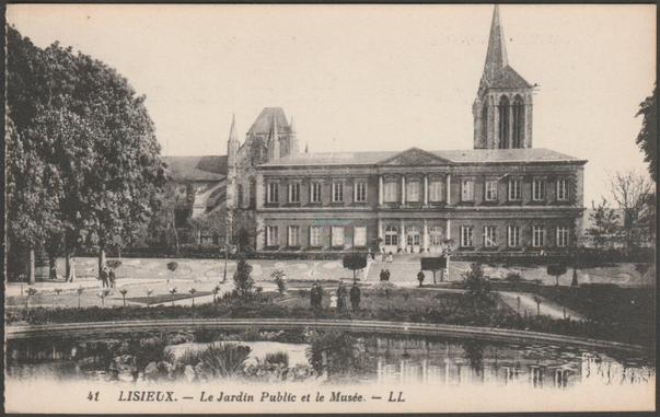 Printed sepia postcard showing a view of the museum and public gardens at Lisieux in Calvados, Normandy, France.

Published by Lévy et Neurdein Réunis, Paris, No LL 41, c.1920s.

Postally unused.

Very good condition, with very slight corner bumps.