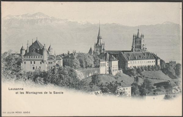 Printed monochrome postcard showing a view of Lausanne in Vaud, Switzerland, with the Savoy Alps behind.

Published by Jullien Frères, Genève, No 18 A, undivided back, c.1900.

Postally unused.

Excellent condition.