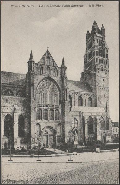Printed monochrome postcard showing a view of the Cathedral of Saint-Sauveur at Bruges in West Flanders, Belgium.

Published by Neurdein et Cie, Paris, ND Phot, No 18, c.1910.

Postally unused.

Good condition, with very slight corner bumps, but small bend to centre bottom.