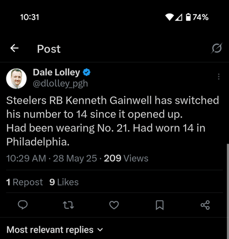 Dale Lolley on X "Steelers RB Kenneth Gainwell has switched his number to 14 since it opened up. Had been wearing No. 21. Had worn 14 in Philadelphia."