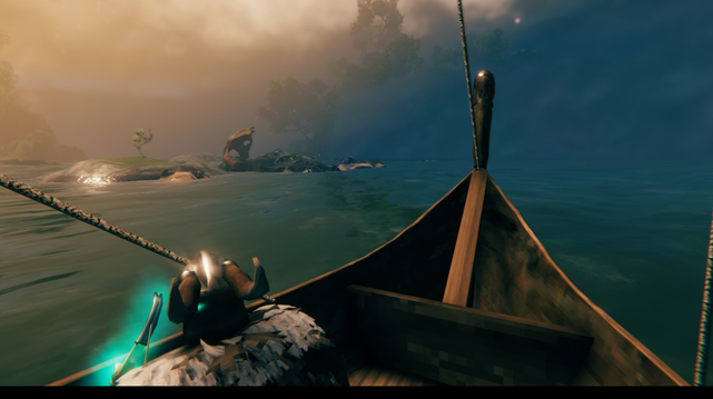 Valheim Screenshot: A warrior standing on a ship. He is equipped with a green glowing bow.