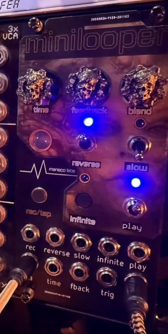 A single synth module in dark and gold coloring, the faceplate has an illustration of a human face, punctuated by blue LEDs and several knobs, buttons, switches, and jacks. Across the top is the word "minilooper".