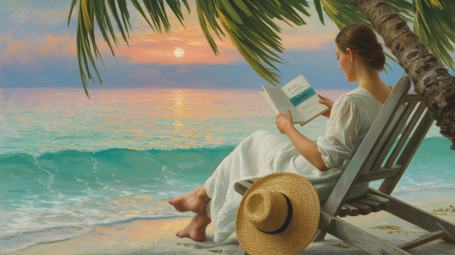 Una pintura impresionista de una serena escena de playa tropical, centrada en una mujer leyendo bajo una palmera ondulante. Está sentada en una silla de playa de madera desgastada, absorta en "El Aleph" de Jorge Luis Borges, con un vaporoso vestido de lino blanco y un sombrero de paja tejida de ala ancha a su lado. El agua turquesa acaricia suavemente la orilla en primer plano, mientras que al fondo se presenta una vibrante puesta de sol con tonos naranjas y rosados ??que se reflejan en el mar en calma. La luz suave y difusa crea una atmósfera tranquila y onírica, acentuando los vibrantes colores del cielo y el mar.