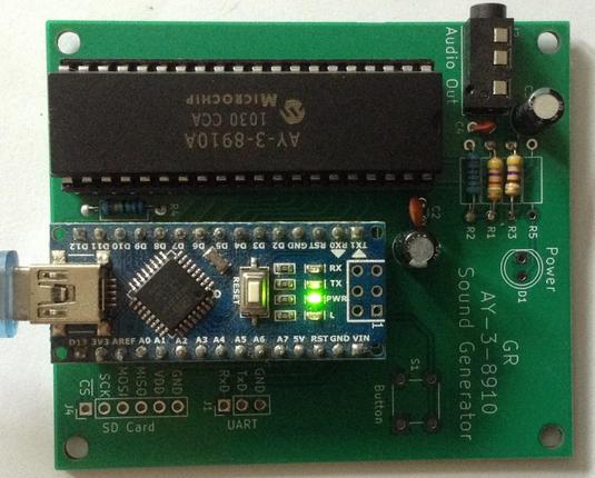 Photo of a custom PCB with a 40-pin DIP AY-3-8910 chip at the top and an Arduino Naon clone a the bottom plus a few passive components including a TRS socket top right.