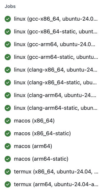 A GitHub Actions summary list showing 14 different build jobs for various different platforms.