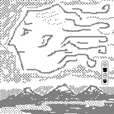 a wind spirit is depicted high above snow capped mountains and a river. swirls of air and haze are visible.