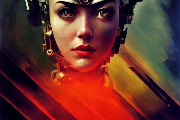A robot’s human-like face looks back at us amidst a chaotic background. A robot’s human-like face looks back at us amidst a chaotic background.