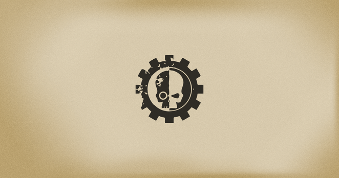 The icon of the Adeptus Mechanicus. A cog with a skull at the center.