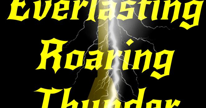 Ein Teil des Covers des 'Everlasting Roaring Thunder - Intro' Romans von Ian Scraper. Der Schriftzug 'Everlasting' ist horizontal angeschnitten, 'Roaring' ist vollständig zu lesen und 'Thunder' ist auch wieder hoizontal beschnitten. Im Hintergrund ist ein angedeuteter Gitarrenhals zu sehen. Mittig wird das Bild durch einen Blitz überlagert. Der Hintergrund ist schwarz, die Schrift gelb.