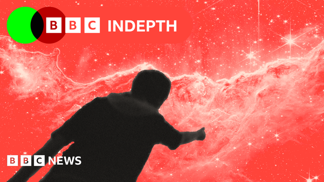 Two treated images, one of someone with thumb up towards a second image of a James Webb Space Telescope NIRCam Image of the “Cosmic Cliffs” in Carina Nebula