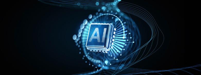 AI chip surrounded by glowing blue data streams