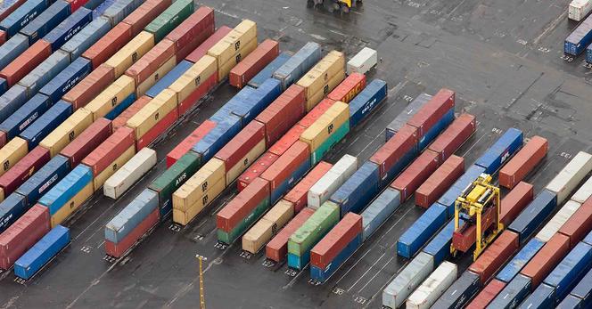 Aerial view of shipping containers at Greenock Ocean Terminal.