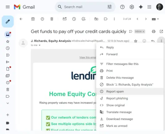Web version of Gmail. The second overflow menu has a report spam option. Web version of Gmail. The second overflow menu has a report spam option.