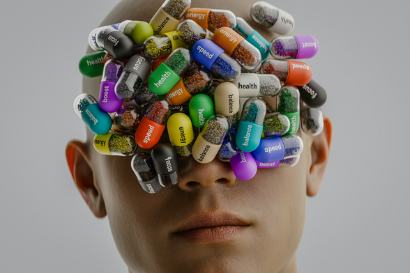 A person’s head covered in colourful pills with different words written on them