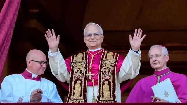 The newly elected Pontiff, Pope Leo XIV is seen for the first time from the Vatican balcony on May 8, 2025 in Vatican City, Vatican.