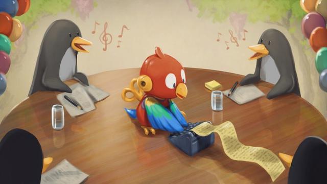 Illustration. Autour d'une table, des pingouins chantent. Au centre, un petit perroquet mécanique prend des notes à la manière d'un sténographe.