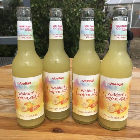 Abbildung: Auf einem Holztisch vor einer grünen Hecke stehen vier geöffnete, volle Flaschen "Waldorf-Limonade. Erfrischt den Leib" von Voelkel. Am Flaschenhals ist das Logo "Waldorf 100" zu sehen und der Slogan "Auf die nächsten 100 Jahre!". 